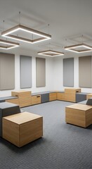 Modern Office Lounge Area with Modular Seating, Square LED Lighting, and Acoustic Panels for Collaborative Workspaces and Creative Environments