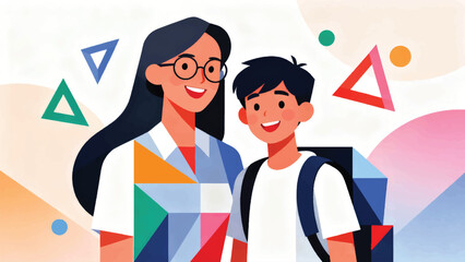 Illustration Of Female Teacher And Student Taking Photo Together Vector Design Template