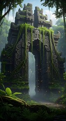 Ancient Stone Temple Gate in Lush Jungle, Tropical Rainforest, Fantasy Architecture, Travel Destination, Adventure Tourism