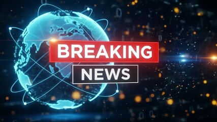 Breaking news television broadcast background on blue glowing futuristic digital earth globe with binary data code for global information announcement presentation of communication technology concept - Powered by Adobe