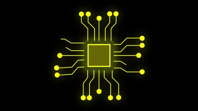 Glowing Yellow Microchip Circuit on animated Black Background processor technology. Animated yellow microchip circuit with glowing lines creating dynamic high-tech processor and tech visuals.