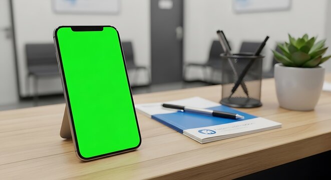 Smartphone with green screen on a desk in a waiting room or office