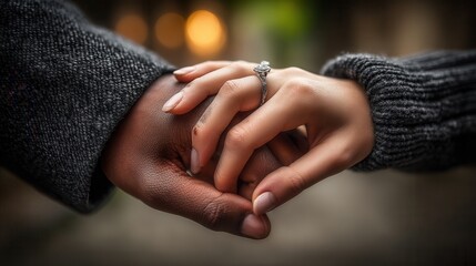 Elegant engagement ring sparkles as loving couple holds hands in intimate moment representing commitment, trust, and lasting love for romantic weddings