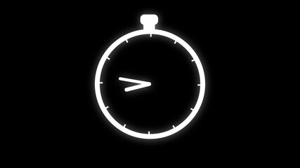 Simple animated White Neon Stopwatch Icon on Black Background Showing Quarter Past Three clock time. Animated white neon stopwatch displaying quarter past three forming high-tech time and clock .