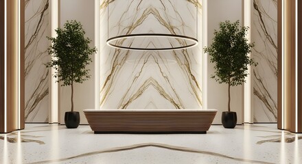Modern Hotel Lobby Interior with Marble Walls, Reception Desk, and Potted Plants. Luxury Design, Architectural Visualization, and Contemporary Style.
