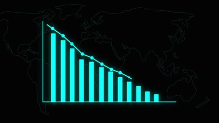 Cyan Neon Bar Graph Showing Downward Trend Over World Map Silhouette bar chart decline animated. Cyan neon bar graph with downward trend and animated motion over world map for interactive chart - Powered by Adobe