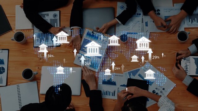 A top-down view of a business strategy meeting with professionals analyzing financial data and growth metrics on charts, showcasing collaboration and innovation in decision-making. Raster - Powered by Adobe