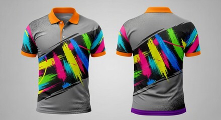 Digital sublimation polo t-shirt mockup, colorful abstract neon brush strokes print pattern design, sporty stylish athletic team jersey clothing apparel.