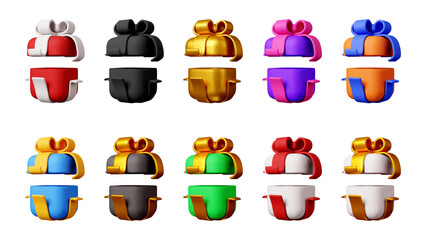 Set of open gift box with colorful bows. Present for birthday, Christmas, New Year celebration and other holiday. 3d stock vector illustration design.