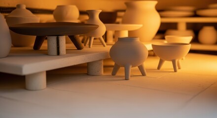 Rustic pottery studio with handcrafted ceramic vessels on display