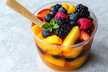 A glass of sangria filled with fresh fruits and served with a wooden spoon for stirring