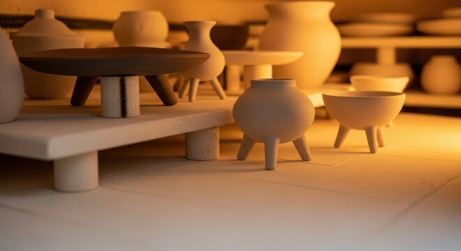 Rustic pottery studio with handcrafted ceramic vessels on display