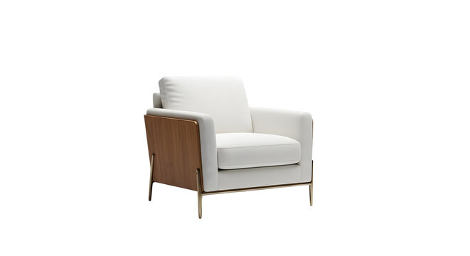 Elegant white armchair with wooden accents isolated on transparent background