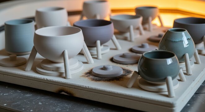 Ceramic bowls in kiln at studio displaying various shapes and textures