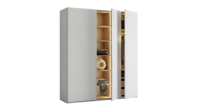 Modern white wardrobe with open shelves isolated on transparent background