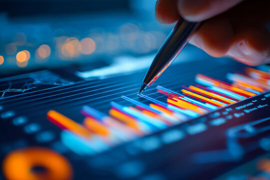Person analyzing colorful digital bar charts and financial data on a glowing tablet screen using a pen for business strategy and market research insights