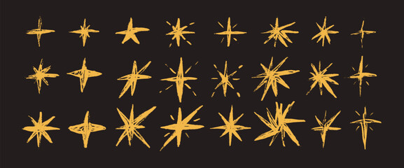 Chalk stars golden on blackboard. Twinkles spark yellow pastel brush set. Pencil crayon drawn twinkles collection. Kids stickers blinks. Christmas simple decoration. Vector asterisk elements isolated.