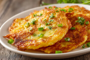 Golden crispy homemade potato pancakes garnished with fresh green herbs served on a white plate over rustic wooden table for a delicious meal