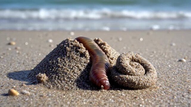 A large marine worm crawls from a sand mound on a beach near the ocean