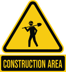Construction area warning sign featuring a worker with a shovel vector illustration for safety and caution