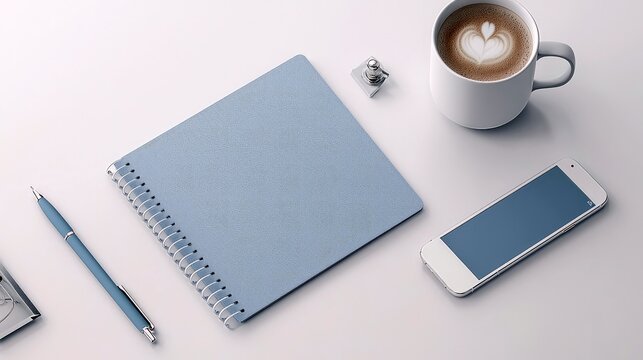 A clean and organized desk setup featuring a notebook, pen, smartphone, and a cup of coffee with latte art.