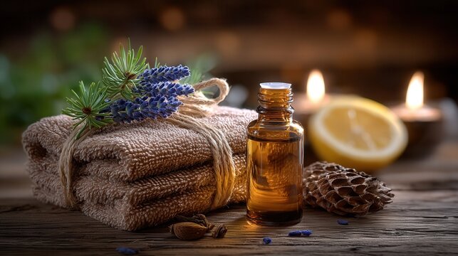 Relaxing spa scene with essential oil bottle, soft towels, and calming lavender for a serene and luxurious aromatherapy experience at home