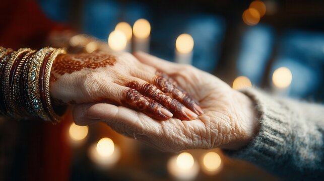 Elegant henna adorned hand with golden bangles rests gently in another's palm in front of soft bokeh lights conveying love and tradition