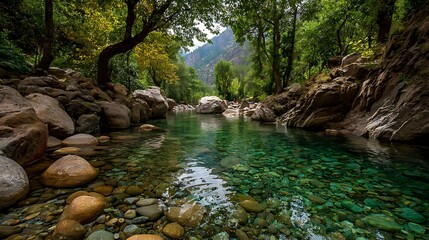 Clear mountain river flowing through a lush green forest valley