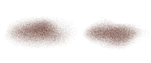 Coffee powder spots. Noise gradation dark brown fly spots shapes set. Grainy texture splash elements. Spray paint dotwork forms. Vector gritty wavy blob. Grunge food figures.