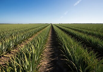 Vast aloe vera farm landscape: green rows under blue sky