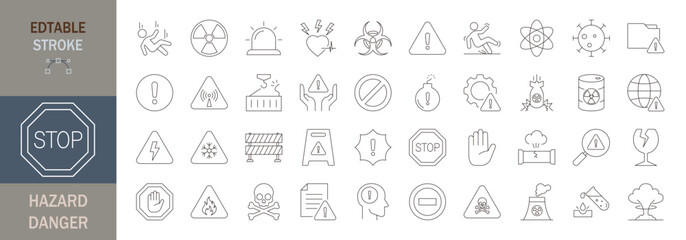 Hazard danger icon set. Editable line icons. Vector illustration.