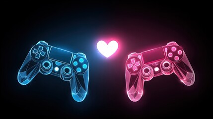 Two abstract geometric game controllers are interconnected by a glowing heart shape on a solid dark background, symbolizing Valentine's day co-op gaming and partnership