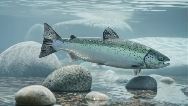 Silver fish swimming gracefully under clear river water near rocks. Wildlife and aquatic life in freshwater habitat.
