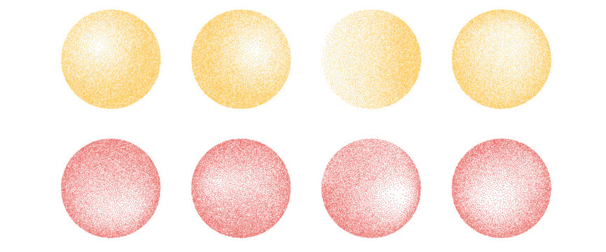 Gritty noise round elements set. Grunge dotwork gradient circles.Red and yellow sun shapes of dots texture. Planet sand diffuse effect callouts. Vector paint spray orbs icon on transparent background.