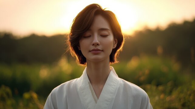 Serene asian woman meditating in warm sunset glow