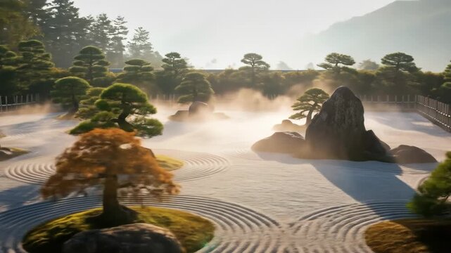 Serene Japanese Zen garden with meticulously raked gravel, carefully placed rocks, and pruned trees creating a tranquil landscape