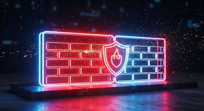 Glowing firewall shield: abstract network security & data protection