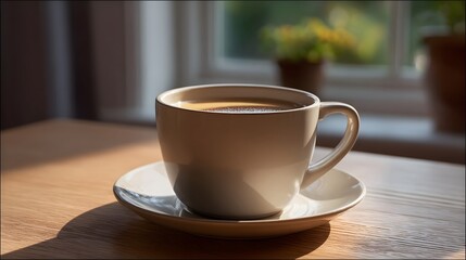 Obraz premium A ceramic cup of hot coffee sits on a saucer on a wooden table illuminated by warm sunlight streaming through a window