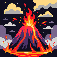 Volcano eruption illustration, flat design, lava and flames