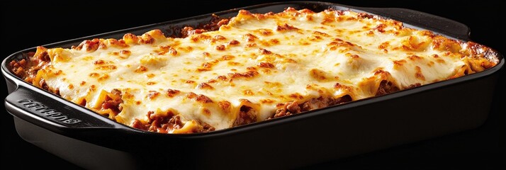 A freshly baked lasagna served in a casserole dish, with layers of bubbling cheese and meat sauce