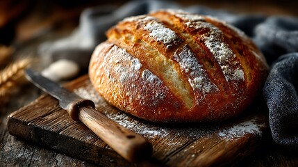 Freshly baked artisan bread loaf on wooden board with a knife.