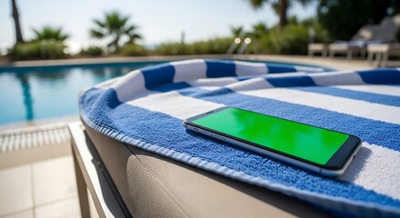 Smartphone resting on a striped towel beside a swimming pool, perfect for a vacation or resort advertisement