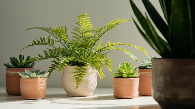 A collection of potted succulents and ferns arranged on a white surface with a plain background
