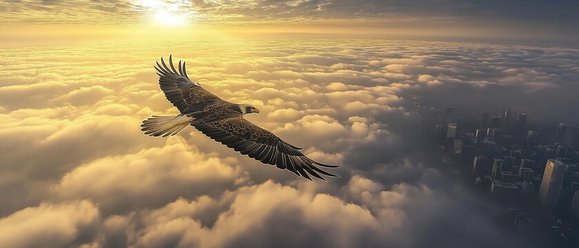 A majestic eagle soaring above the clouds with a cityscape below and golden sunlight creating a dramatic atmosphere
