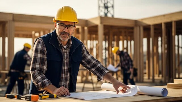 Construction worker inspecting blueprints at a building site with wooden framework and other workers in the background