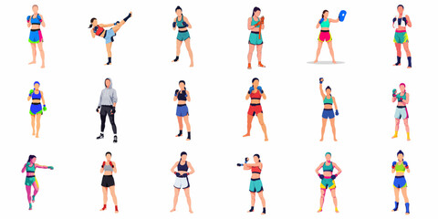 Flat Style Full Body Female Muay Thai Fighter Set Character Design