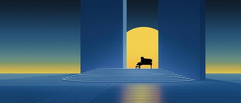 Illustration of a grand piano on the horizon surrounded by tall columns and a glowing doorframe with blue background and soft lighting creating gentle shadows