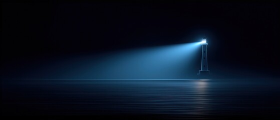 A spotlight shines on the horizon illuminating an isolated lighthouse in the darkness with a beam directed towards the water creating a reflection
