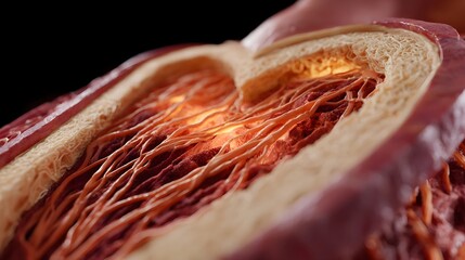 A close up lifelike cross section of pulsing cardiac muscle tissue with internal fibrous network illuminated by warm light