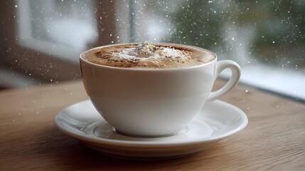 A steaming cup of coffee with foam art dusted with powder sits on a saucer on a wooden table with snow falling outside